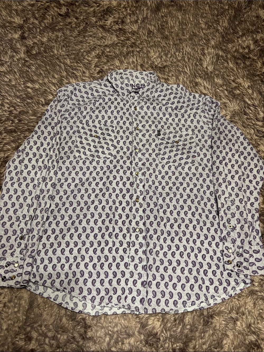 Cinch Modern Fit White Button-Up Shirt with Purple Paisley Print